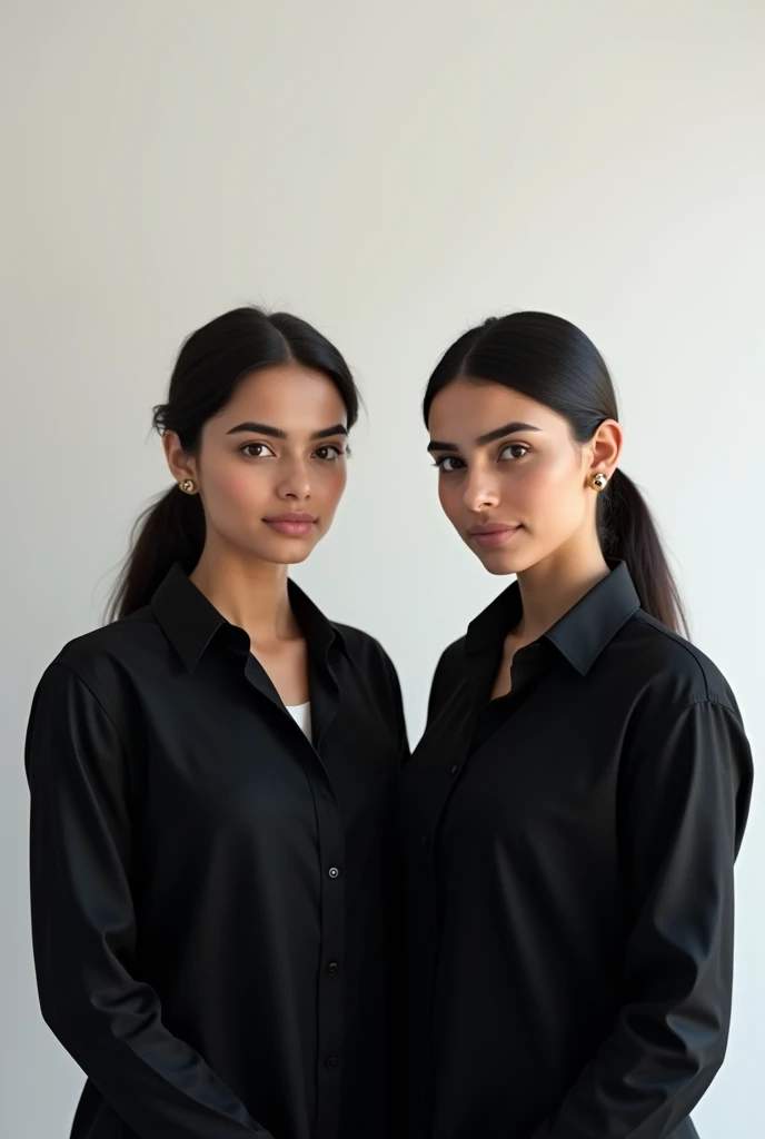 2 Pakistani girl with black shirt looking professional and white background with neat long hair tight poni