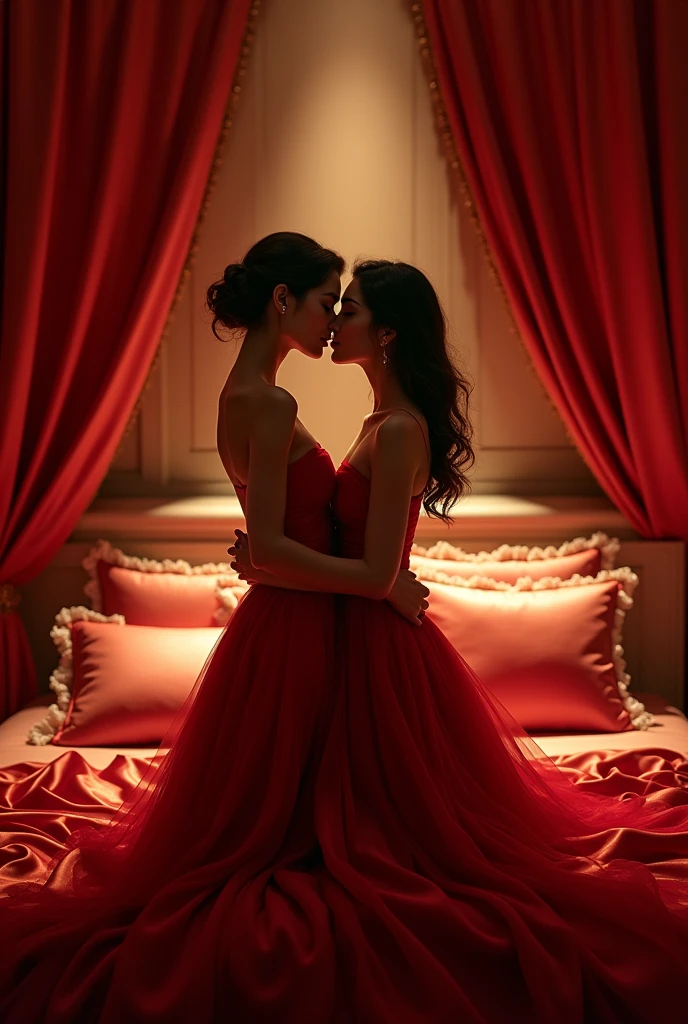 highest quality, masterpiece, highest resolution, artwork, super それにget used to it, many get used to it, get used to it, それにget used to it, romantic, two woman, kissing,((red satin elegant dresses)),red satin evening dresses, ((Gorgeous queen rococo robe satin dress with voluminous full-length hoop skirt)),long sleeve dress,long dress,A dress with full satin fabric...,luxury,((Palace full red satin bedroom)),((huge satin bed)),Frilled silk red bedspread,many pillows on the bed,fluffy pillow with frills,two woman is kissing on the bed,luxurious ruffled red curtains