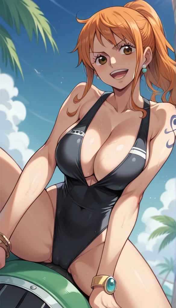One Piece Nami style,Black swimsuit,Riding a Kawasaki Z750Z2,ponytail, Large Breasts, 