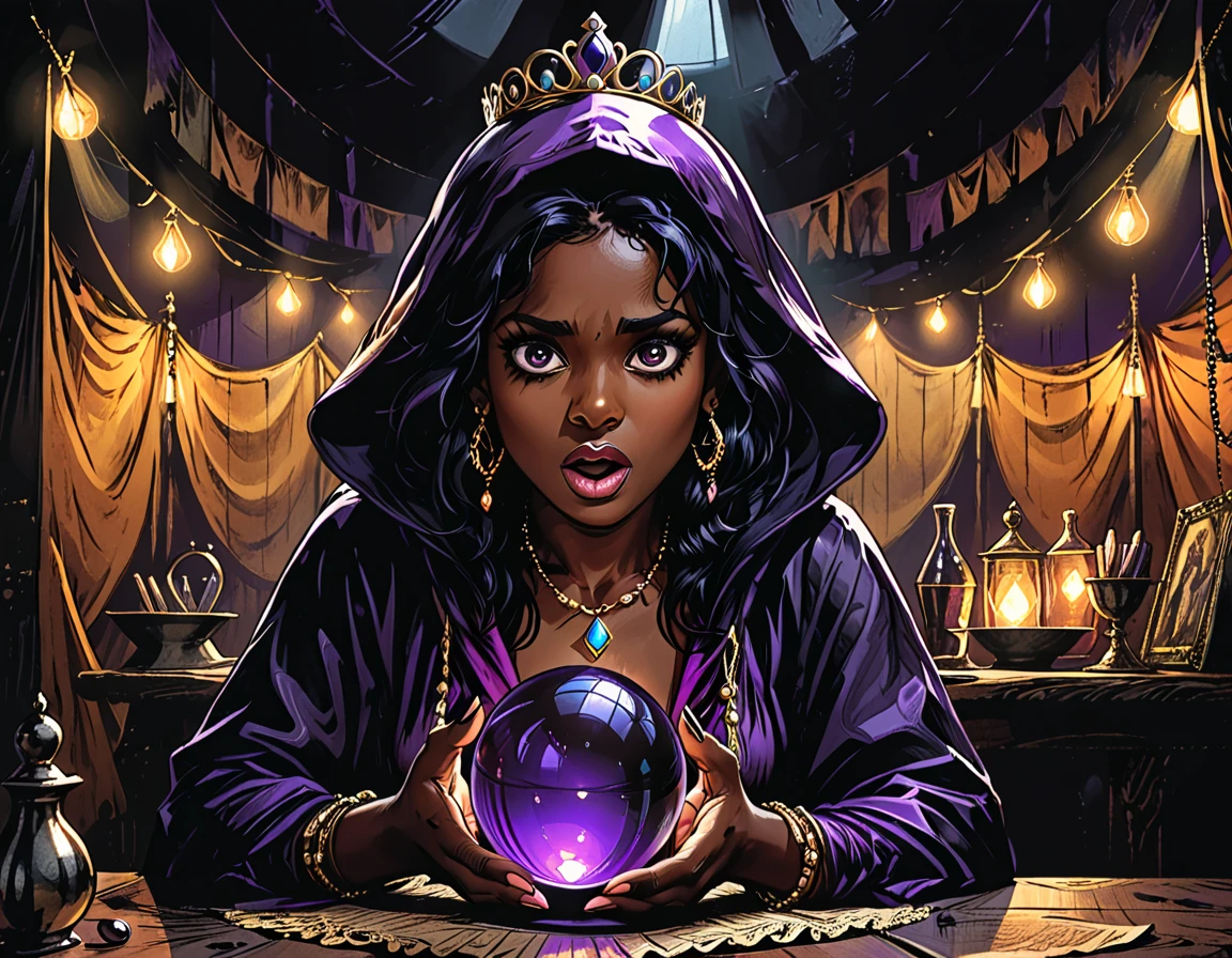 (open mouth), 
(outstretched hand with outstretched finger), circus tent, (violet glass ball) on the wood table, inside, dark, dark atmosphere, glow glass ball, Gypsy with glow glass ball sits by the table, black long Waves hair, black eyes, Fleshy nose, Thin nude Lips, dark makeup,(jewelry), ((tiara)), ((dark violet hood)), wearing intricate violet clothes, shawl, dark skin, mole under eye, gypsy dress, dark atmosphere, deep shadow, shadow, surprised, shocked,  graphic style of novel comics, perfect hands, 2d, 8k, hyperrealism, masterpiece, high resolution, best quality, ultra-detailed, super realistic, Hyperrealistic art, high-quality, ultra high res, highest detailed, lot of details, Extremely high-resolution details, incredibly lifelike, colourful,