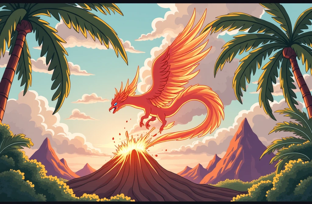 Phoenix bursting out of a volcano