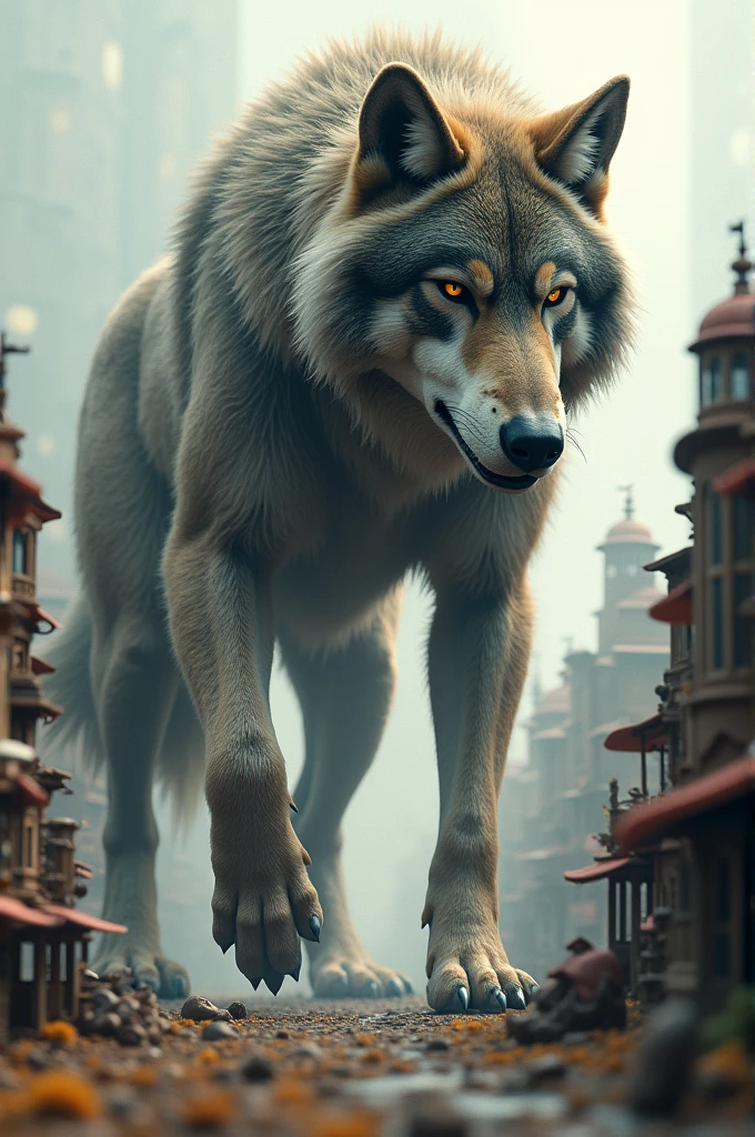 Furry, wolf, giant, walking, tiny city, feet, paws, stomping