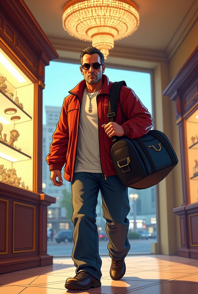 Generate a youtube thumbnail of GTA V in which michael is robbing a jewellery shop
.make the image in the size of YouTube thumbnail
. Make the image more cartoon type just like used in GTA 5