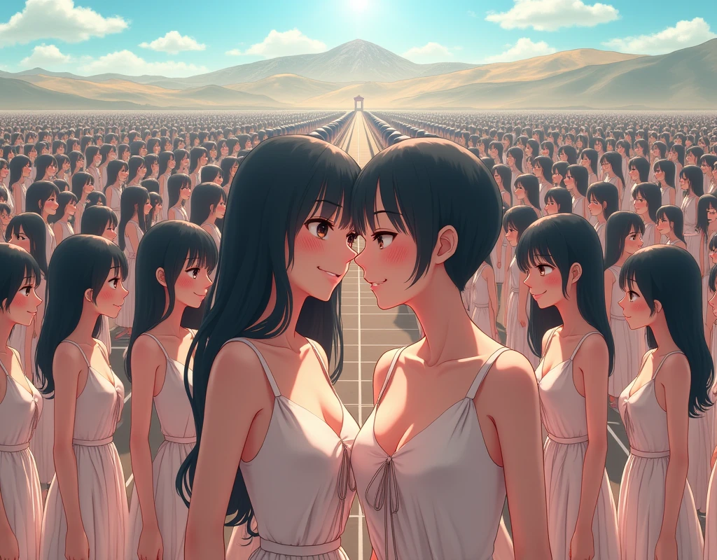 (((((Japanese Clone girls=Myself)))))), (((best masterpiece Clone girls Raw Photography Art))), (16K, Highest quality, Ultra-high resolution, RAW Photos), (((Unrealistic, Unparalleled depiction, An unbelievable sight, Unprecedented and shocking, In a world where myselves are multiplied, Ultra-realistic))), (((Japanese, woman, 18yo, Sasaki Nozomi))), (Small face, ((Thick black hair, Semi-long hair))), ((V-neck short-sleeve dress)), (((((Very beautiful detailed girls, Accurate body structure, Very detailed完璧な, A super busty body with very large breasts, Great proportions, super big breasts, Big, voluptuous breasts, The cleavage is very plump and emphasized))))), (((Dark Eyes, Mature face, Cute Smile, A gentle gaze, ((Very happy laughter))))), ((((((((Very detailedcloning描写, ((1girl→cloning→1,000,000,000,000,000,000,000,000girls)))))))))), ((((((((Very detailed, The precise depiction of the double, ((With the exact same female body, With the exact same face, With the exact same hairstyle, In the exact same clothes, At the exact same height, The same exact super big boobs)))))))))), (((Myself only))), (((100,000,000,000,000,000,000,000,000,000,000,000,000,000,000Myself))), (Beautiful poses to raise the actress&#39;s consciousness, Cleavage Emphasis, Walk freely), (((Very detailed, Myself and each other, hug, Back to Back, Myself big collection, Fun conversation with myself, A happy conversation with myself, Kiss Myself Everywhere, Doting on Myself))), (Free pose), (Sexual seduction), (((Unbelievably crowded, Close contact between transcendent selves, Countless &quot;myselves&quot; completely surround me in 360 degrees))), (Bright and soft sunlight), (((super wide view, Very wide field of view, Very detailed, Detailed ultra-perspective depiction with clear depth))), (Ultra-high-definition poster-like depiction), (((Flat and gently undulating terrain, ((Slope)), The countless &quot;myselves&quot; filling the city&#39;s boulevards and scramble intersections continue to grow infinitely, reaching beyond the horizon))), (Focus on the center of the group)