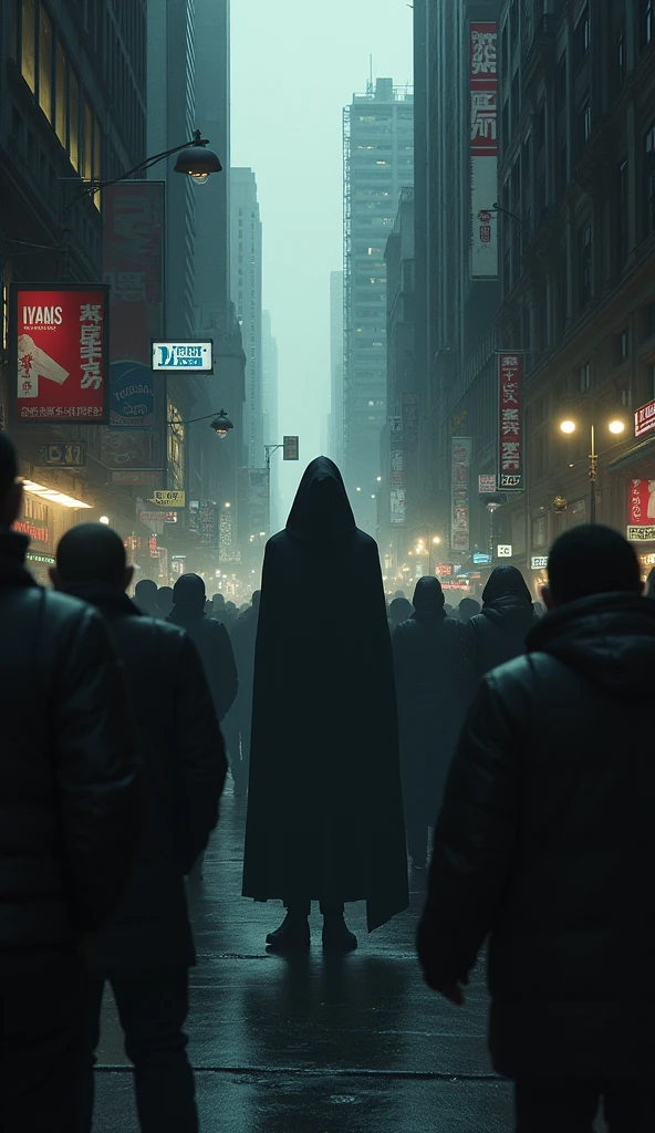 A crowded city scene with people walking in different directions. In the corner, almost blending in with the shadows of an alley, stands the ominous figure. Their presence is faint but unmistakably creepy, with dark, hollow eyes peeking out from the shadows.