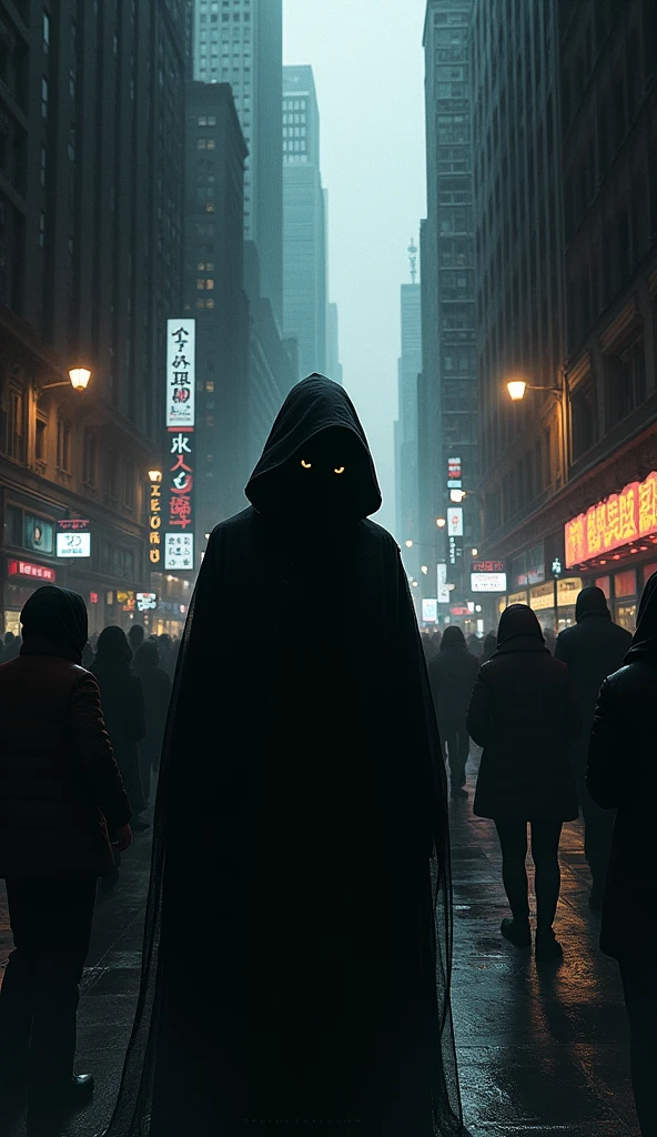 A crowded city scene with people walking in different directions. In the corner, almost blending in with the shadows of an alley, stands the ominous figure. Their presence is faint but unmistakably creepy, with dark, hollow eyes peeking out from the shadows.