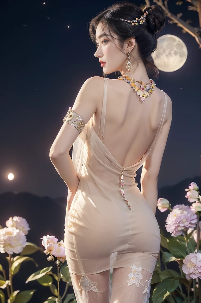 (((best quality))),(((ultra detailed))),(((masterpiece))),illustration,((1 girl,solo)),(neat chignon:1.2),(beautiful face:1.3),((earrings,crystal necklace)),((slim,thin)),((bare back,towering hips,butt crack)),(stockings:1.3),(a moon in the clear night sky as the background:1.3), gentle glow,(Standing in the world full of vibrant flowers:1.3),(gorgeous sheer Chinese dress:1.3),sparkling eyes,graceful,(surrounded by crowded colorful flowers:1.5), kaleidoscope, shimmer,bright moonlight, delicate petals, fragrance, otherworldly, magical realm, enchantment, tranquility, essence of beauty, peace,(outdoor:1.2),(night scene:1.3),((from back,upper body))