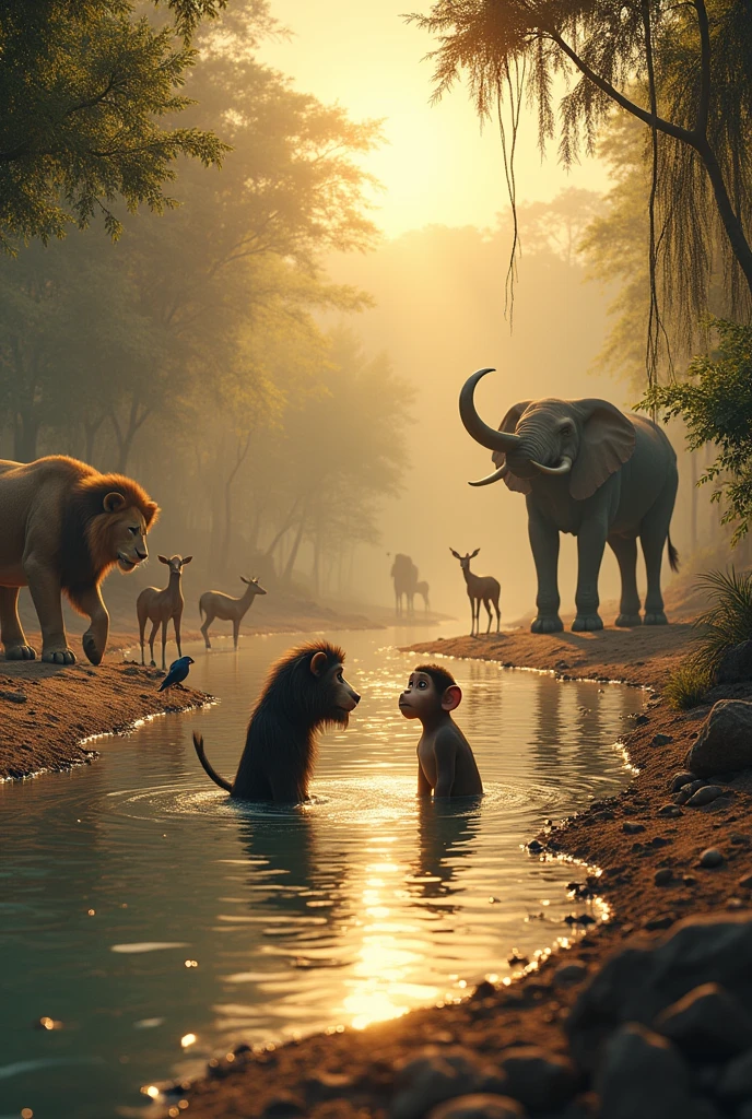 Show how the jungle with lush greenery turning into a dry and hot environment. Show the monkey and buffalo talking in the lake. Use speech bubbles or animated lips to show their conversation. Show other animals like lion, giraffe, elephant, sparrow, deer  looking tired and thirsty.