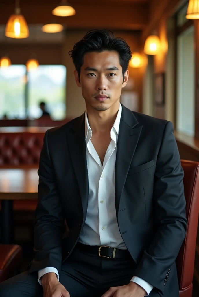 A handsome Japanese man,Handsome sportsman,Broad shoulders and narrow waist,Dress shirt and tie,handsome and elegant, Sexy masculine,Handsome man in black and grey suit, Wear a shirt,The neckline is slightly open, Fabric that fits the body outlines the contours of the chest,Inside the cafe,Sit on a chair, 。Masculine and handsome,expensive,Muscles feel good,Wheat skin,Iris(Narrow eyes 1:3),Full body image