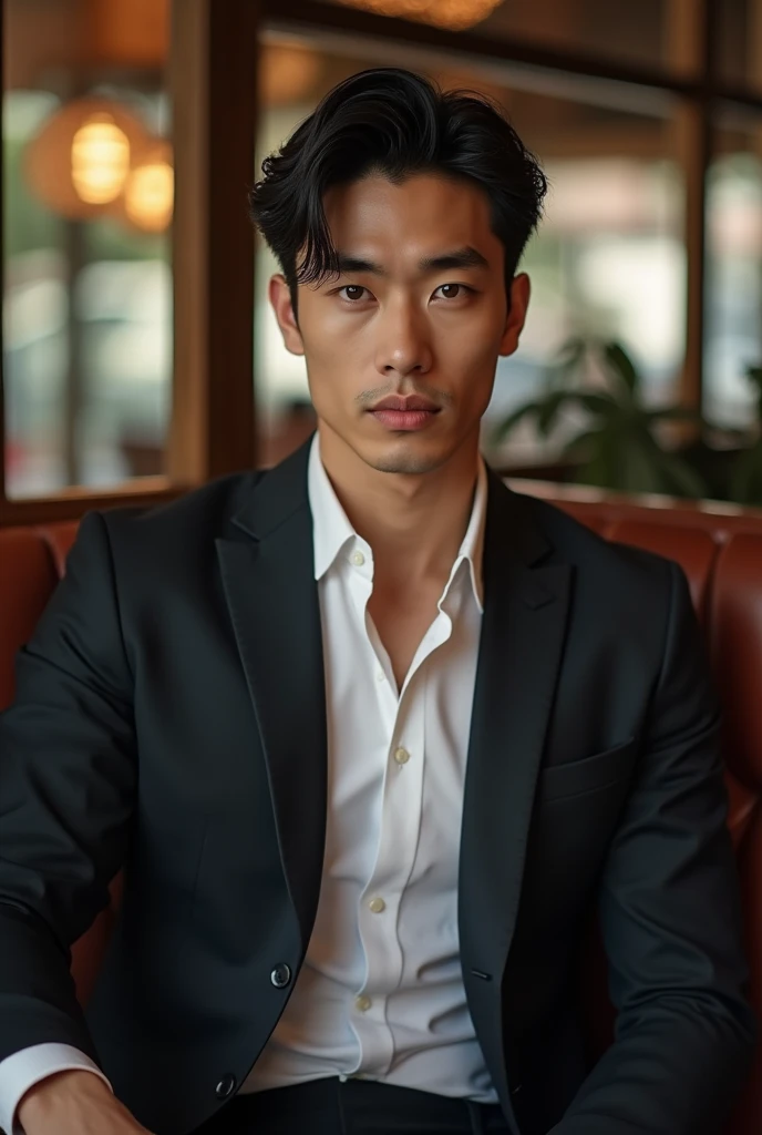 A handsome Japanese man,Handsome sportsman,Broad shoulders and narrow waist,Dress shirt and tie,handsome and elegant, Sexy masculine,Handsome man in black and grey suit, Wear a shirt,The neckline is slightly open, Fabric that fits the body outlines the contours of the chest,Inside the cafe,Sit on a chair, 。Masculine and handsome,expensive,Muscles feel good,Wheat skin,Iris(Narrow eyes 1:3),Full body image