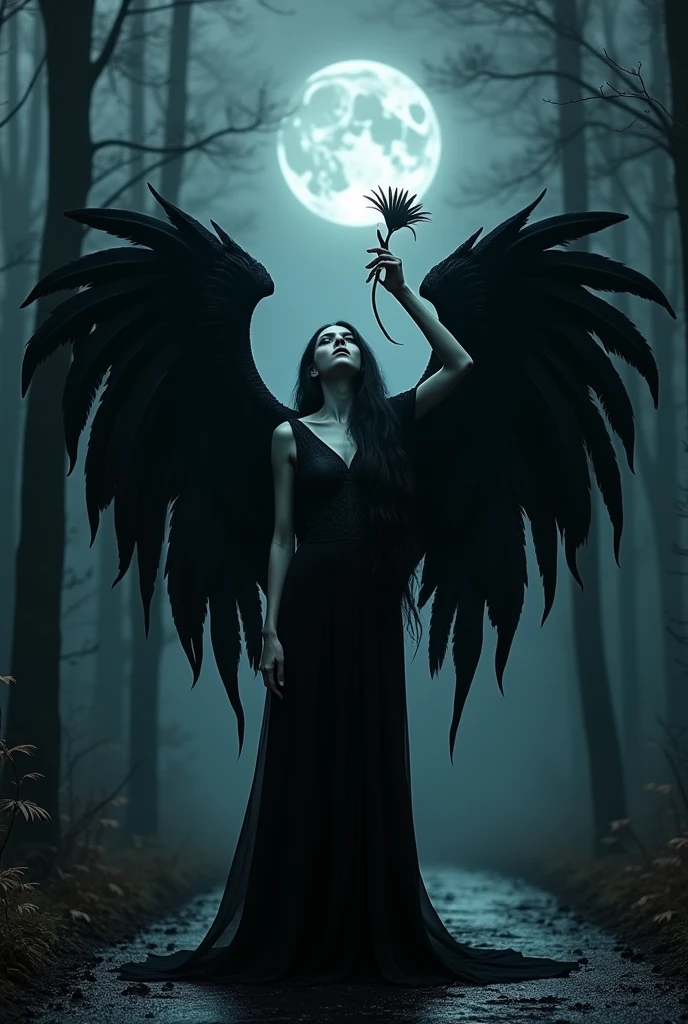 Create an image of a dark feminine angel with imposing wings and ethereal details, standing in a serene posture on an obsidian floor. The scene is lit by the dim light of a full moon in a gloomy forest.. The overall tone conveys a mix of dark power and ancient mystery.. The angel wings are large and detailed, with almost realistic feathers. The figure is standing with both arms extended upwards., holding a dark flower that seems to radiate pure energy. The moonlight emits a cold glow that slightly illuminates the figure.. The color palette consists of dark and muted tones., predominantly black and dark blue. The wings are pearly black., contrasting with the dark background. The angel's skin is a grayish tone, almost translucent, standing out in the gloomy surroundings. The floor is a black obsidian pattern, and the lighting is soft and diffuse, creating deep shadows and a mysterious atmosphere. The background is dark and hazy, adding an air of introspection and mystery to the scene, recalling the intense and supernatural atmosphere of 'Constantine'.