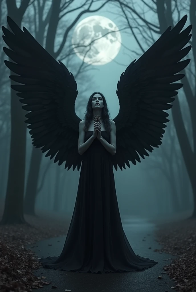 Create an image of a dark feminine angel with imposing wings and ethereal details, standing in a serene posture on an obsidian floor. The scene is lit by the dim light of a full moon in a gloomy forest.. The overall tone conveys a mix of dark power and ancient mystery.. The angel wings are large and detailed, with almost realistic feathers. The figure is standing with both arms extended upwards., holding a dark flower that seems to radiate pure energy. The moonlight emits a cold glow that slightly illuminates the figure.. The color palette consists of dark and muted tones., predominantly black and dark blue. The wings are pearly black., contrasting with the dark background. The angel's skin is a grayish tone, almost translucent, standing out in the gloomy surroundings. The floor is a black obsidian pattern, and the lighting is soft and diffuse, creating deep shadows and a mysterious atmosphere. The background is dark and hazy, adding an air of introspection and mystery to the scene, recalling the intense and supernatural atmosphere of 'Constantine'.