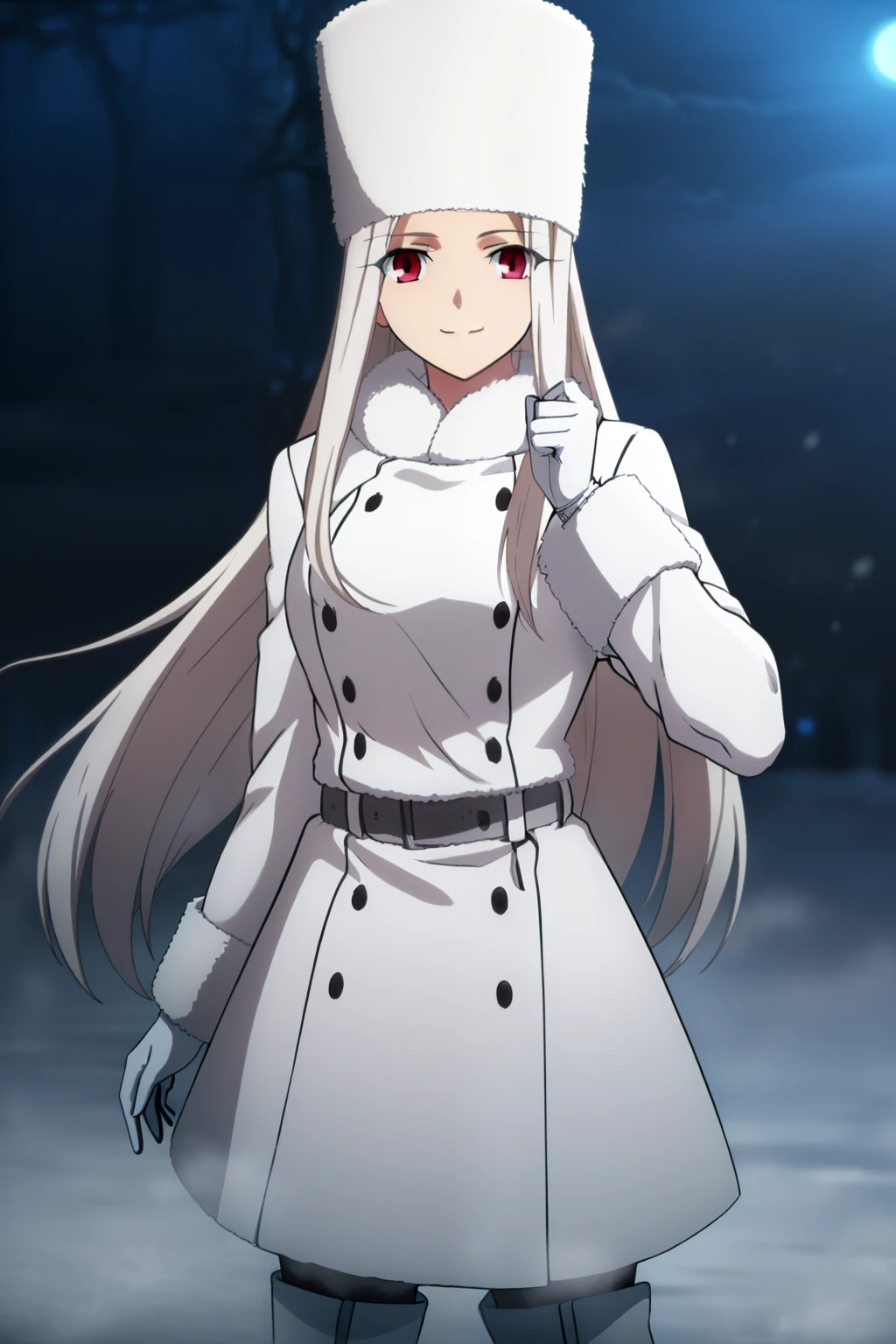 Irisviel Von Einzbern, (large breasts), oversized breasts, long hair, (platinum-blonde hair), white fur coat, (belt), white gloves, (knee-high boots), white fur hat, solo, facing the viewer, looking at the viewer, smile, closed mouth, (night time), (foggy weather), (snow)