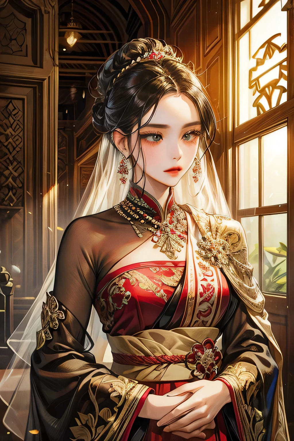 young woman, with sinden style, red attire suit, light black eyes, black hair, 1jumbo bun, thick veil in her hair, kebaya indonesian, brown batik, javanese style,masterpiece, detailed eyes, detailed body