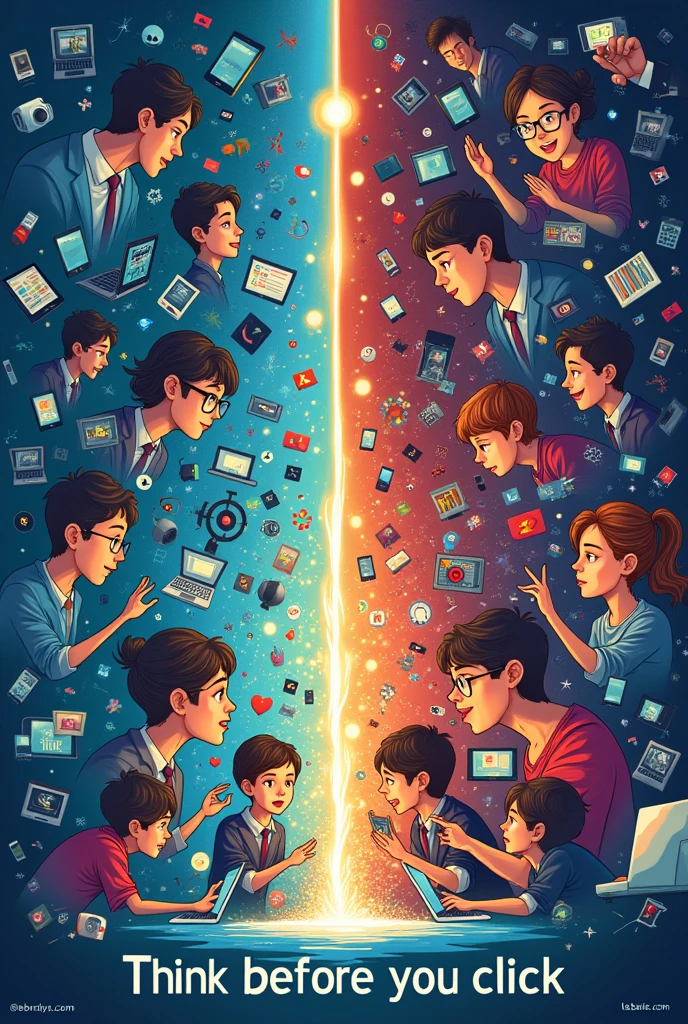 think before you click poster, include many gadgets and applications, include people that shows how to properly use internet and people that don't, show their miserable lives, also, include person with bad intentions, show how people will be ruined just because of improper use of the internet, include the text "THINK BEFORE YOU CLICK" make it cartoon type, show emotions and feelings, show how internet are so wide and that it can ruin you