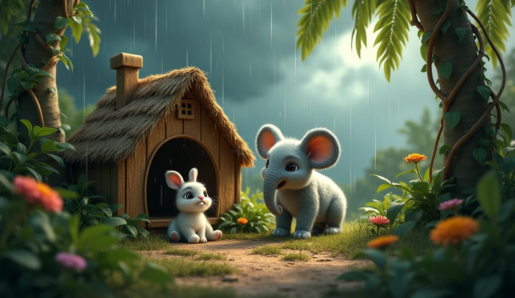  draw a baby rabbit sitting in a small house in the jungle during storm and a baby elephant is standing next to him