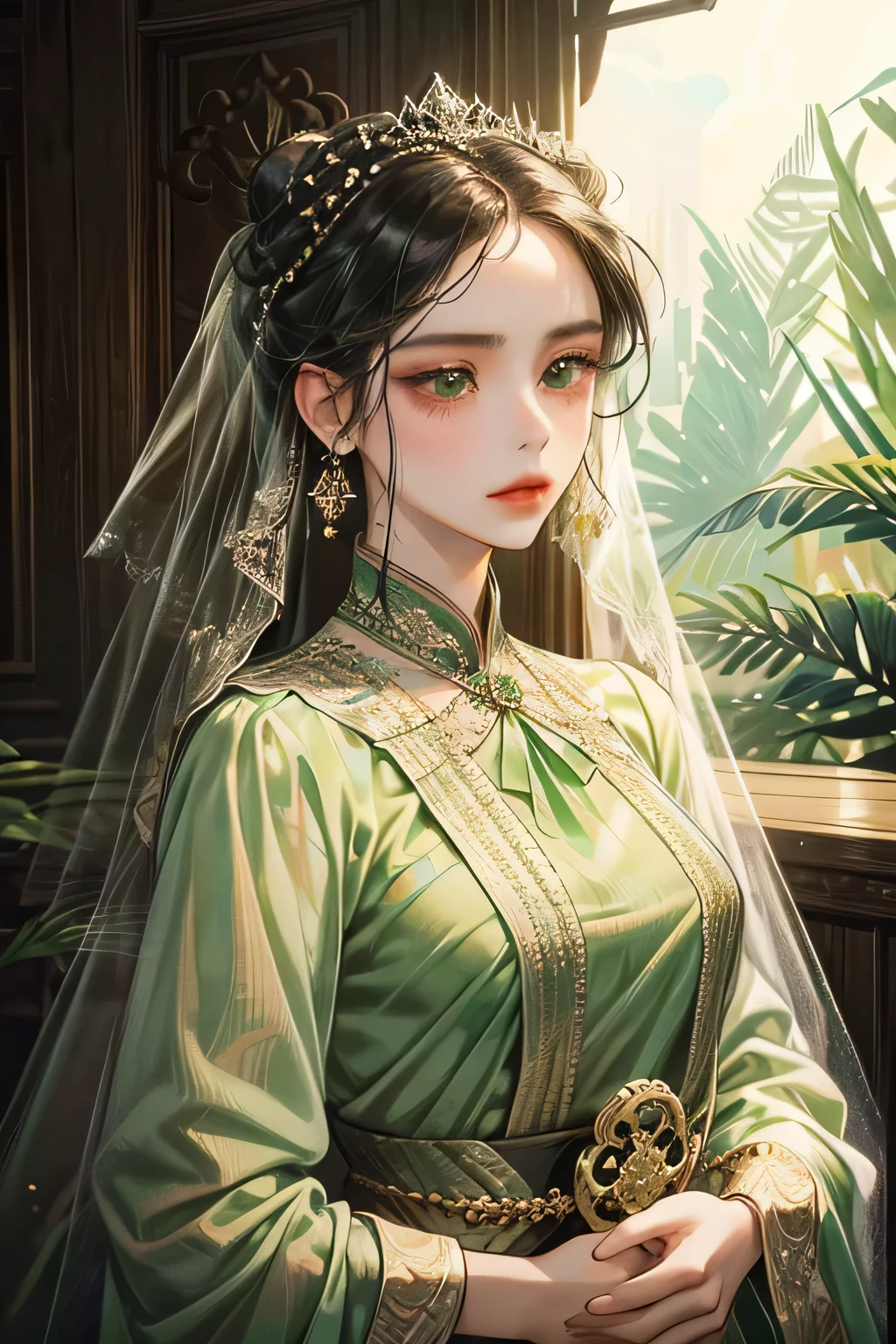 young woman, with sinden style, light green attire suit, light black eyes, black hair, 1jumbo bun, veil in her hair, kebaya indonesian, brown batik, javanese style,masterpiece, detailed eyes, detailed body