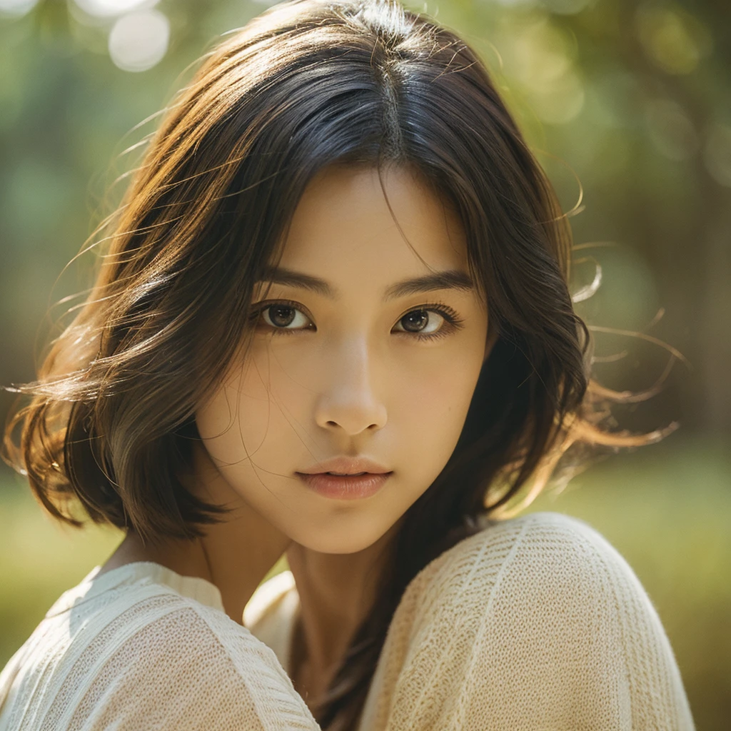 A hyper-realistic image of a single Japanese woman in her early 20s, captured with the nostalgic warmth and subtle graininess of a film camera. Her skin has a warm beige tone with a natural, slightly rough texture that includes visible pores, fine lines, and subtle imperfections such as small blemishes, adding to the authenticity of her appearance. The soft, diffused natural light enhances the film-like quality, casting gentle shadows that create a timeless, organic feel. Her straight, glossy black hair frames her face in a natural, slightly tousled manner, and her deep brown eyes reflect the ambient light, adding depth and emotion. The film camera effect introduces a slight grain and a softer focus, giving the image a warm, nostalgic atmosphere while maintaining the realistic texture of her skin. She is dressed simply, in a way that complements her natural beauty, with the overall composition designed to evoke a sense of genuine, understated elegance. The use of natural light, combined with the deliberately rougher texture of her skin and the film-like qualities, ensures that this image captures the imperfections that make her beauty truly lifelike, focusing solely on this one individual.