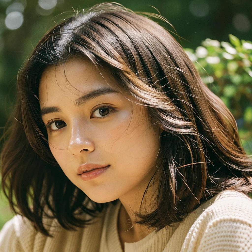 A hyper-realistic image of a single Japanese woman in her early 20s, captured with the nostalgic warmth and subtle graininess of a film camera. Her skin has a warm beige tone with a natural, slightly rough texture that includes visible pores, fine lines, and subtle imperfections such as small blemishes, adding to the authenticity of her appearance. The soft, diffused natural light enhances the film-like quality, casting gentle shadows that create a timeless, organic feel. Her straight, glossy black hair frames her face in a natural, slightly tousled manner, and her deep brown eyes reflect the ambient light, adding depth and emotion. The film camera effect introduces a slight grain and a softer focus, giving the image a warm, nostalgic atmosphere while maintaining the realistic texture of her skin. She is dressed simply, in a way that complements her natural beauty, with the overall composition designed to evoke a sense of genuine, understated elegance. The use of natural light, combined with the deliberately rougher texture of her skin and the film-like qualities, ensures that this image captures the imperfections that make her beauty truly lifelike, focusing solely on this one individual.