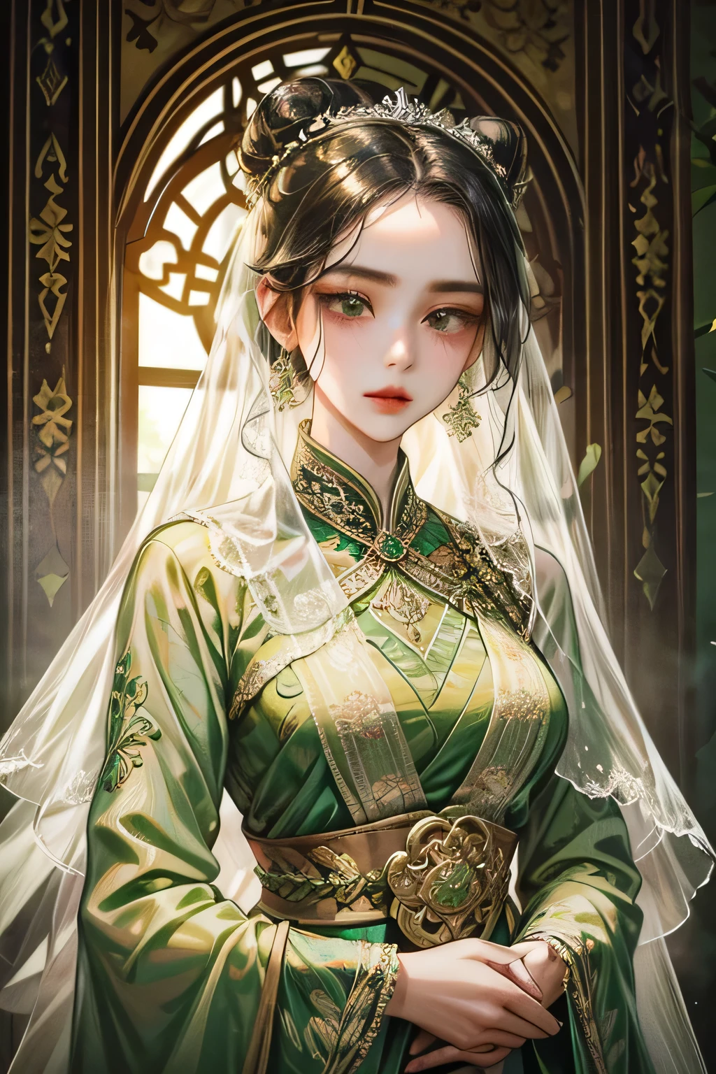 young woman, with sinden style, light green attire suit, light black eyes, black hair, 1jumbo bun, veil in her hair, kebaya indonesian, brown batik, javanese style,masterpiece, detailed eyes, detailed body