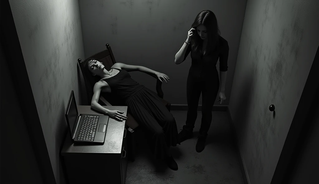 a woman dressed in black died indoors in front of her computer. surrounded by people, in terrible conditions. black and white background