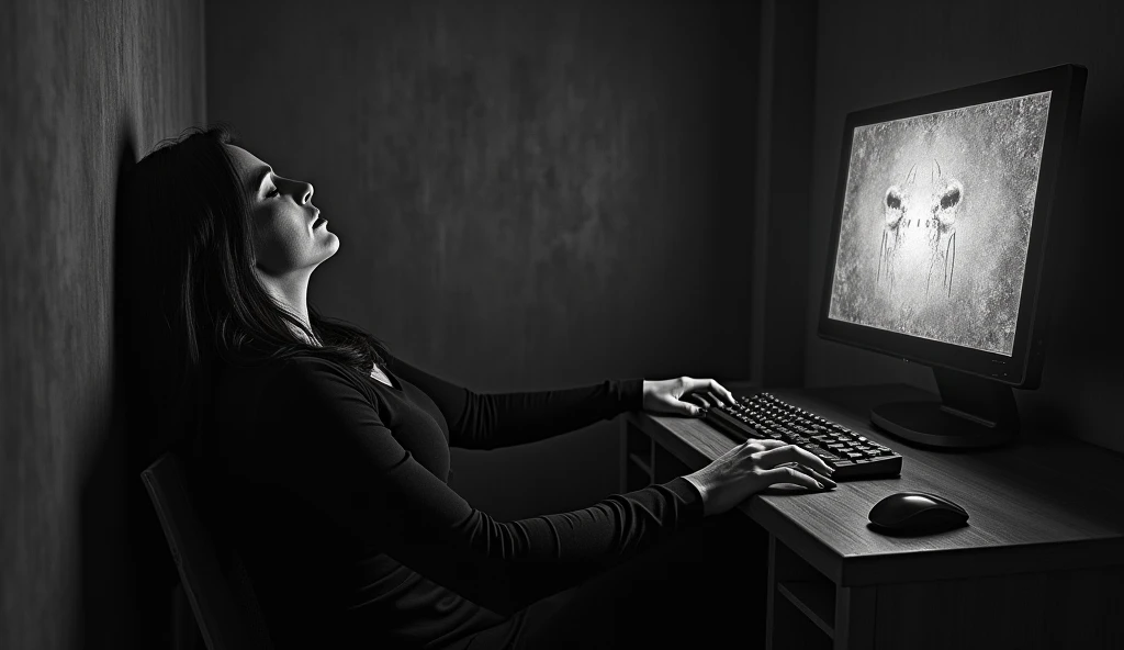 a woman dressed in black who died horribly in a small room. there is a computer in the room. black and white background