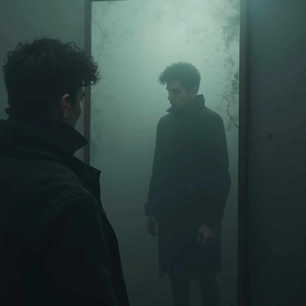 The journalist stands in front of a mirror, his reflection blurred and fragile. As if half of his face is disappearing in the fog. Darkness and fog cover all around.