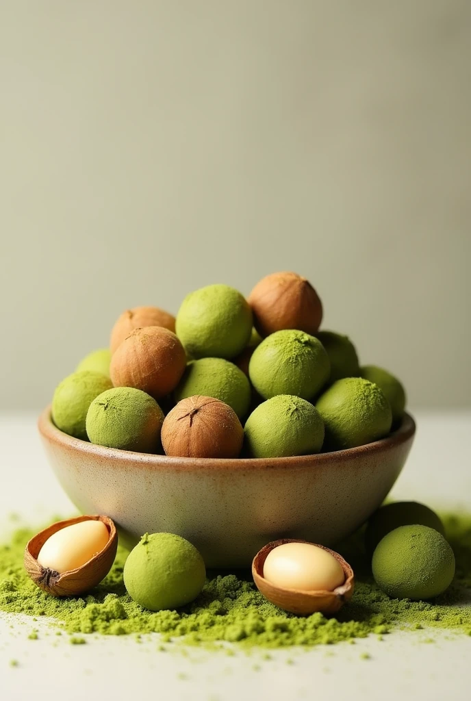 Many round and smooth macadamia nuts, cover with lots of green tea powder, put in bowl, near angle. In front of the screen are freshly shelled macadamia nuts.