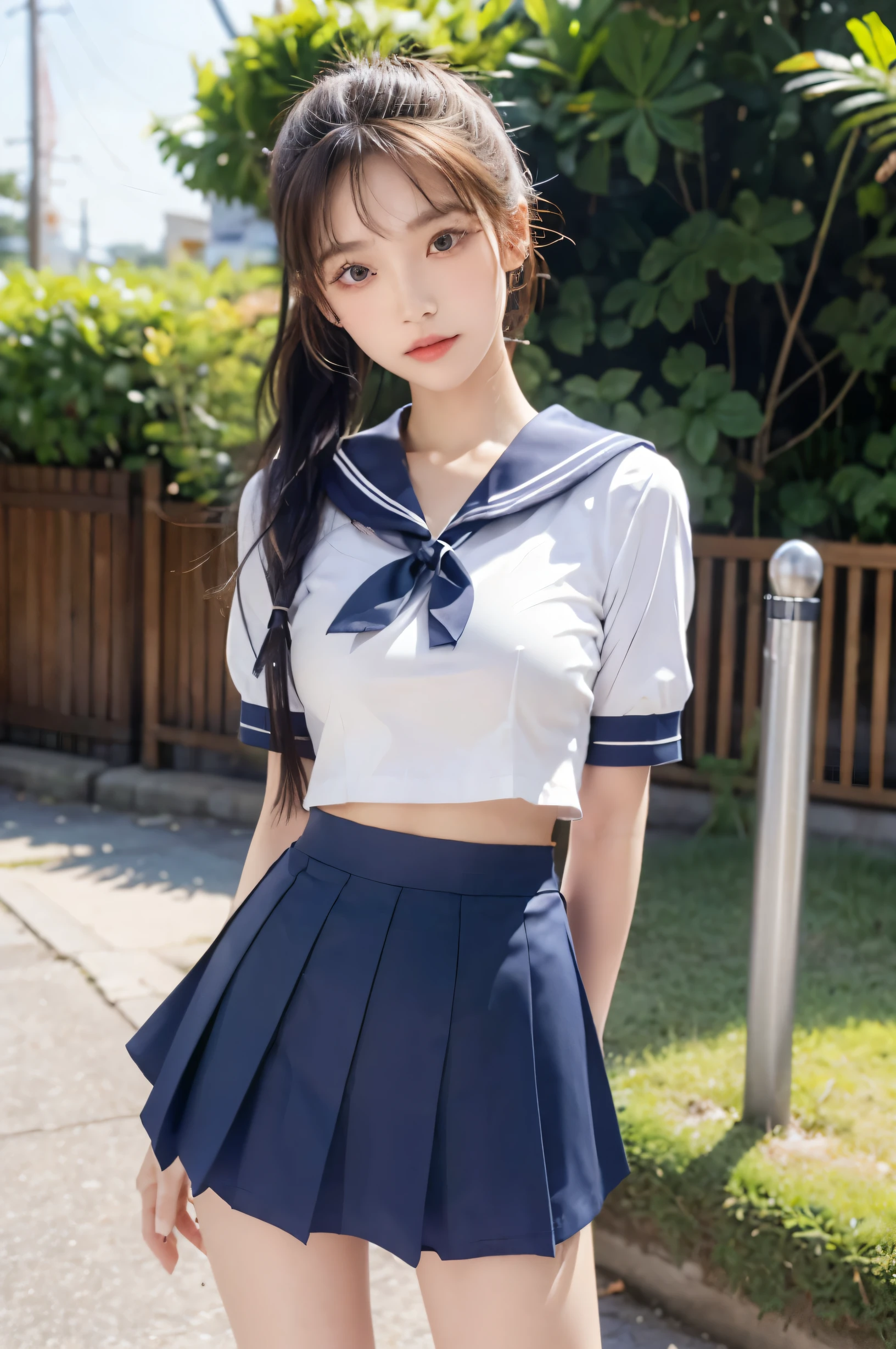 (Ultra HD), (Looking at me), (The whole body is shown), (Short-sleeved sailor uniform, Navy blue low-rise mini skirt), Big Breasts, slender, Narrow waist, (Thin legs:1.2), (Thin thighs:1.2), (Thin Hips:1.4), (Beautiful Skin, Shiny skin, White skin), (Super slim face, Super beautiful face, No makeup, smile:0.6), (ponytail, Layered Cut, Fluffy hair), (double eyelid, Slanted Eyes), Small Nose, Thin lips, Are standing, In front of the school gate