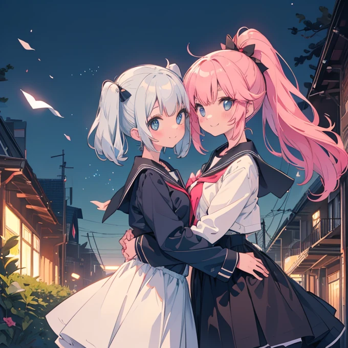 (Best image quality, 8k, masterpiece:1.3), (high school student:1.5), Small breasts), (Glowing Skin:1.3),(Pale skin:1.2),(Sweatをかいた肌:1.2),(smile),Unax,high school student制服 (flying debris), (Highest quality), Very detailed, Focus Only,dynamic,((smile)),Perfect Face, Beautiful funny faces, Very detailedな顔、
delicate、masterpiece、Highest quality、2 peopleの、2 peopleだけ、2 people、Embrace each other、(((cute、Pink Hair、Long Hair、Twin tails,distinct eyes、haveは無し)))、(((cute、Silver Hair、Side Tail、High ponytail on the left、have)))、Flat Color、2 peopleとも正面を向いている、Sparkling eyes sketch(flying debris), (Highest quality), Very detailed, 、Focus Only,dynamic,((smile)),Perfect Face, Beautiful Face, Very detailedな顔、Gorgeous hair ornament,smile,Large Breasts,garden、Underarm、Sweat、Wide-angle shot,
、masterpiece、Highest quality、2 peopleの、2 peopleだけ、2 people、Embrace each other、Stick your face together