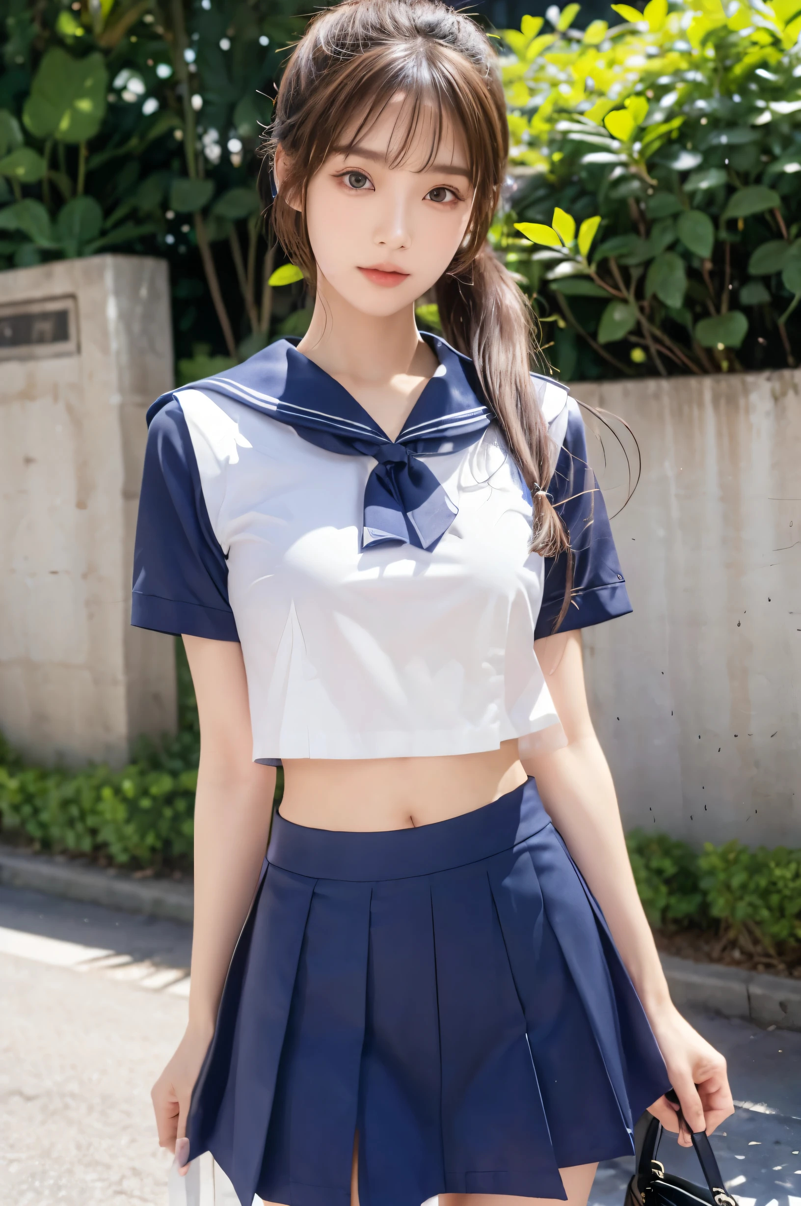 (Ultra HD), (Looking at me), (The whole body is shown), (Short-sleeved sailor uniform, Navy blue low-rise mini skirt), Big Breasts, slender, Narrow waist, (Thin legs:1.2), (Thin thighs:1.2), (Thin Hips:1.4), (Beautiful Skin, Shiny skin, White skin), (Super slim face, Super beautiful face, No makeup, smile:0.6), (ponytail, Layered Cut, Fluffy hair), (double eyelid, Slanted Eyes), Small Nose, Thin lips, Are standing, In front of the school gate