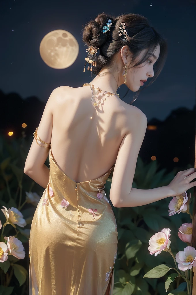 (((best quality))),(((ultra detailed))),(((masterpiece))),illustration,((1 girl,solo)),(neat chignon:1.2),(beautiful face:1.3),((earrings,crystal necklace)),((slim,thin)),((bare back,towering hips,butt crack)),(stockings:1.3),(a moon in the clear night sky as the background:1.3), gentle glow,(Standing in the world full of vibrant flowers:1.3),(gorgeous sheer Chinese dress:1.3),sparkling eyes,graceful,(surrounded by crowded colorful flowers:1.5), kaleidoscope, shimmer,bright moonlight, delicate petals, fragrance, otherworldly, magical realm, enchantment, tranquility, essence of beauty, peace,(outdoor:1.2),(night scene:1.3),((from back,upper body))