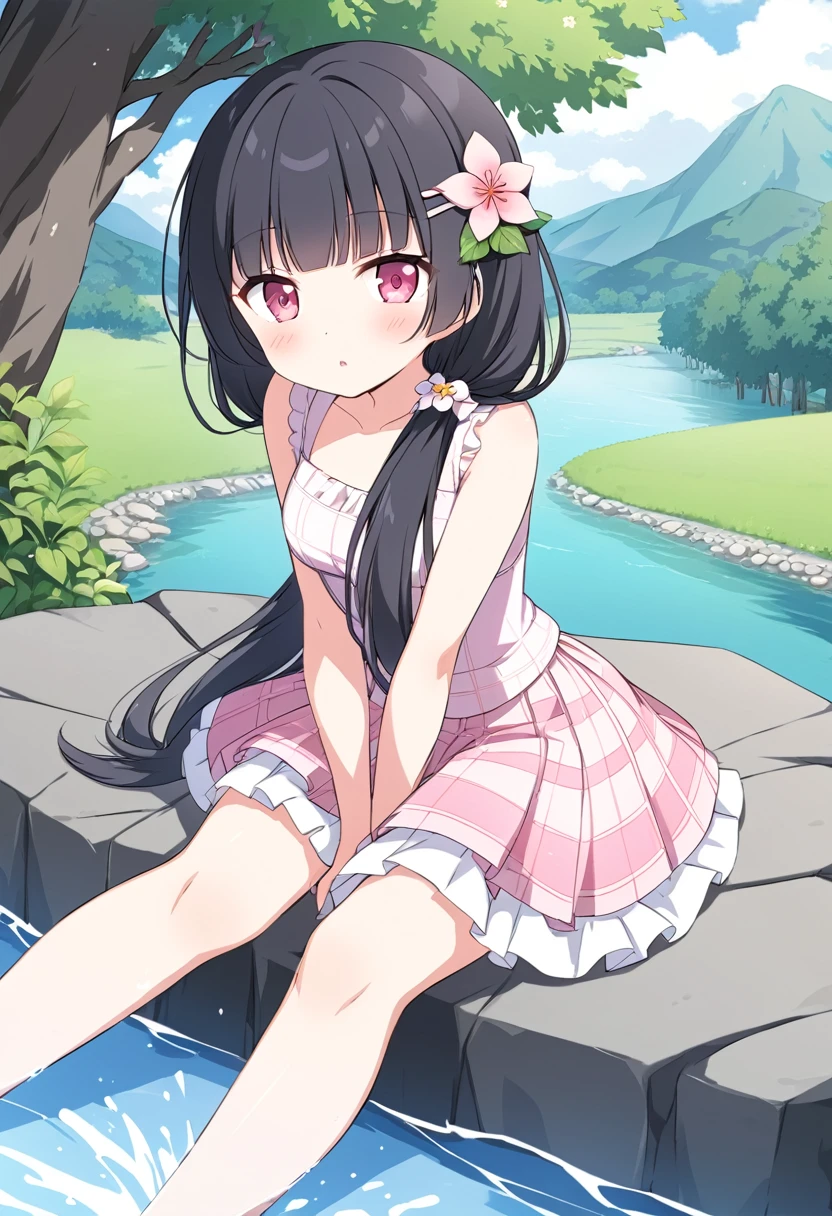 MORIZONOMEI, BLACK HAIR, HAIR FLOWER, HAIRCLIP, BLUNT BANGS, LOW TWINTAILS, HAIR OVER SHOULDER, LONG HAIR, PINK EYES,high resolution、anime、alone, clear,Mountain riverside、sitting on stone、high school girl、Pink dress、Checked dress、Wearing a gown、White, fine-grained skin,Small Mouth, Beautiful Japanese Woman, , clearな下着、White underwear、Smaller breasts、Beautiful breasts、Splashing water with your feet、You can see inside her skirt、I can see your pants、Petticoat visible