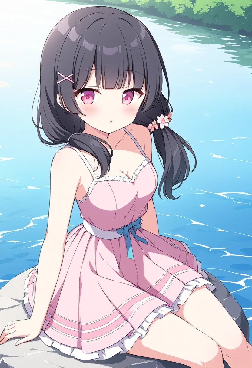 MORIZONOMEI, BLACK HAIR, HAIR FLOWER, HAIRCLIP, BLUNT BANGS, LOW TWINTAILS, HAIR OVER SHOULDER, LONG HAIR, PINK EYES,high resolution、anime、alone, clear,Mountain riverside、sitting on stone、high school girl、Pink dress、Checked dress、Wearing a gown、White, fine-grained skin,Small Mouth, Beautiful Japanese Woman, , clearな下着、White underwear、Smaller breasts、Beautiful breasts、Splashing water with your feet、You can see inside her skirt、I can see your pants、Petticoat visible