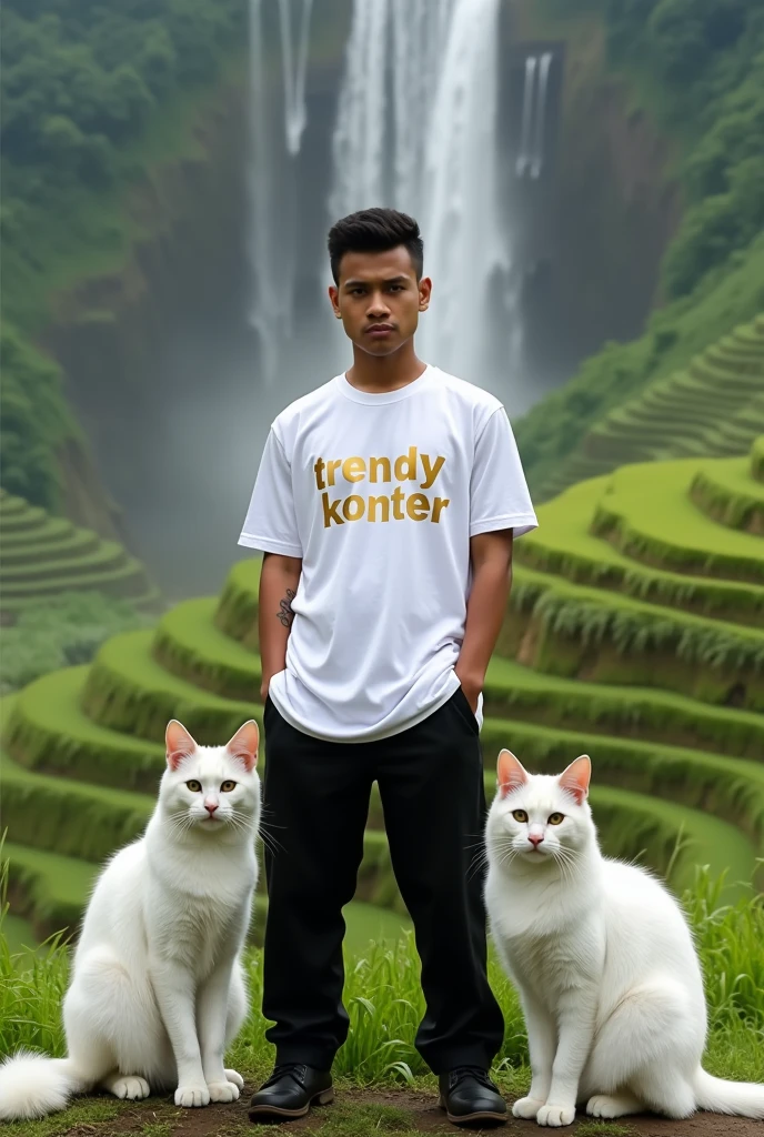 Indonesian young man, 30 years old, brown skin, short body and short neck looking intently at the camera, wearing a basic white satin t-shirt, black trousers with pockets, on his shirt is written in gold writing "TRENDY KONTER" walking accompanied by 2 long-tailed white cats... background terraced rice fields with waterfalls