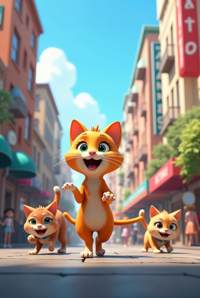 Animated cat walking on street playing with friends