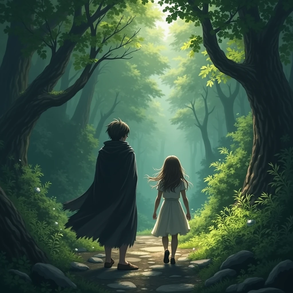 Two  in an enchanted forest, menino e menina, illustration of children's book, magical forest, mystic forest, cores