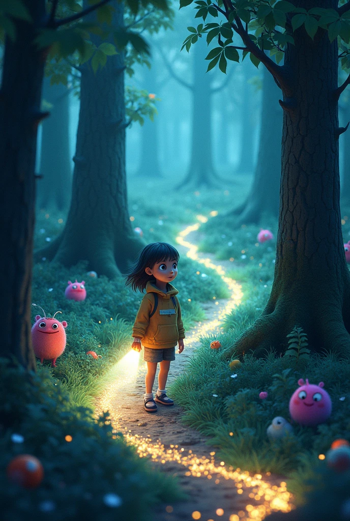 A magical forest with glowing, silver stardust trails winding through the trees. Ellie follows the trail with her flashlight, her eyes wide with excitement. The forest is alive with colorful, whimsical creatures peeking out from behind the trees, adding an element of wonder to the scene.

