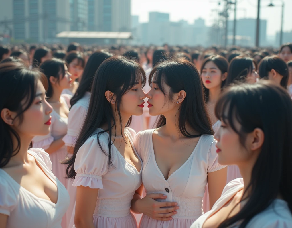 (((((Japanese Clone girls=Myself)))))), (((best masterpiece Clone girls Raw Photography Art))), (16K, Highest quality, Ultra-high resolution, RAW Photos), (((Unrealistic, Unparalleled depiction, An unbelievable sight, Unprecedented and shocking, In a world where myselves are multiplied, Ultra-realistic))), (((Japanese, woman, 18yo, Sasaki Nozomi))), (Small face, ((Thick black hair, Semi-long hair))), ((V-neck short-sleeve dress)), (((((Very beautiful detailed girls, Accurate body structure, Very detailed完璧な, A super busty body with very large breasts, Great proportions, super big breasts, Big, voluptuous breasts, The cleavage is very plump and emphasized))))), (((Dark Eyes, Mature face, Cute Smile, A gentle gaze, ((Very happy laughter))))), ((((((((Very detailedcloning描写, ((1girl→cloning→1,000,000,000,000,000,000,000,000girls)))))))))), ((((((((Very detailed, The precise depiction of the double, ((With the exact same female body, With the exact same face, With the exact same hairstyle, In the exact same clothes, At the exact same height, The same exact super big boobs)))))))))), (((Myself only))), (((100,000,000,000,000,000,000,000,000,000,000,000,000,000,000Myself))), (Beautiful poses to raise the actress's consciousness, Cleavage Emphasis, Walk freely), (((Very detailed, Myself and each other, hug, Back to Back, Myself big collection, Fun conversation with myself, A happy conversation with myself, Kiss Myself Everywhere, Doting on Myself))), (Free pose), (Sexual seduction), (((Unbelievably crowded, Close contact between transcendent selves, Countless "myselves" completely surround me in 360 degrees))), (Bright and soft sunlight), (((super wide view, Very wide field of view, Very detailed, Detailed ultra-perspective depiction with clear depth))), (((Flat and gently undulating terrain, ((Slope)), The countless "myselves" filling the city's boulevards and scramble intersections continue to grow infinitely, reaching beyond the horizon))), (Focus on the center of the group)