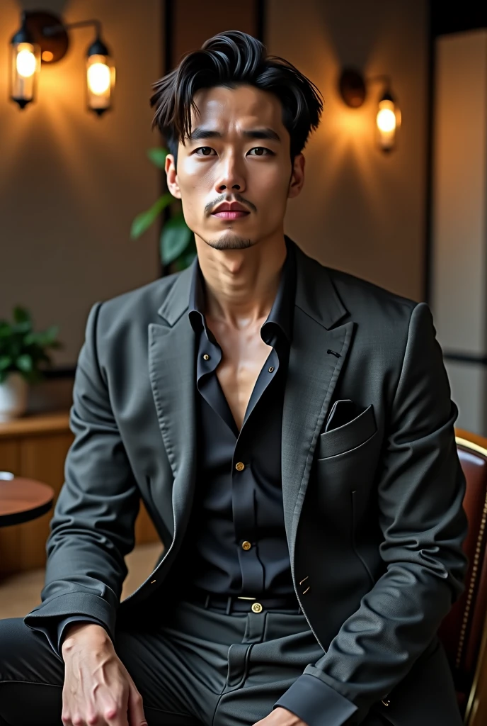 1人のgood lookingな日本人男性,good looking,cool, Broad shoulders and narrow waist,Dress shirt and tie,good lookingでエレガント, Sexy masculine,黒とグレーのスーツを着たgood lookingな男, Wear a shirt,The neckline is slightly open, Fabric that fits the body outlines the contours of the chest,Inside the cafe,Sit on a chair, 。manly,expensive,Muscles feel good,Wheat skin,Iris(Narrow eyes 1:3),Full body image
