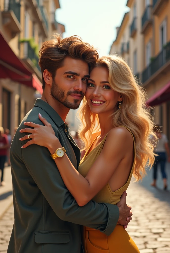 A couple taking a selfie hugging each other, in the summer on the streets of Milan he brown hair and eyes she blonde green eyes 8k ultrarealistic photorealistic 