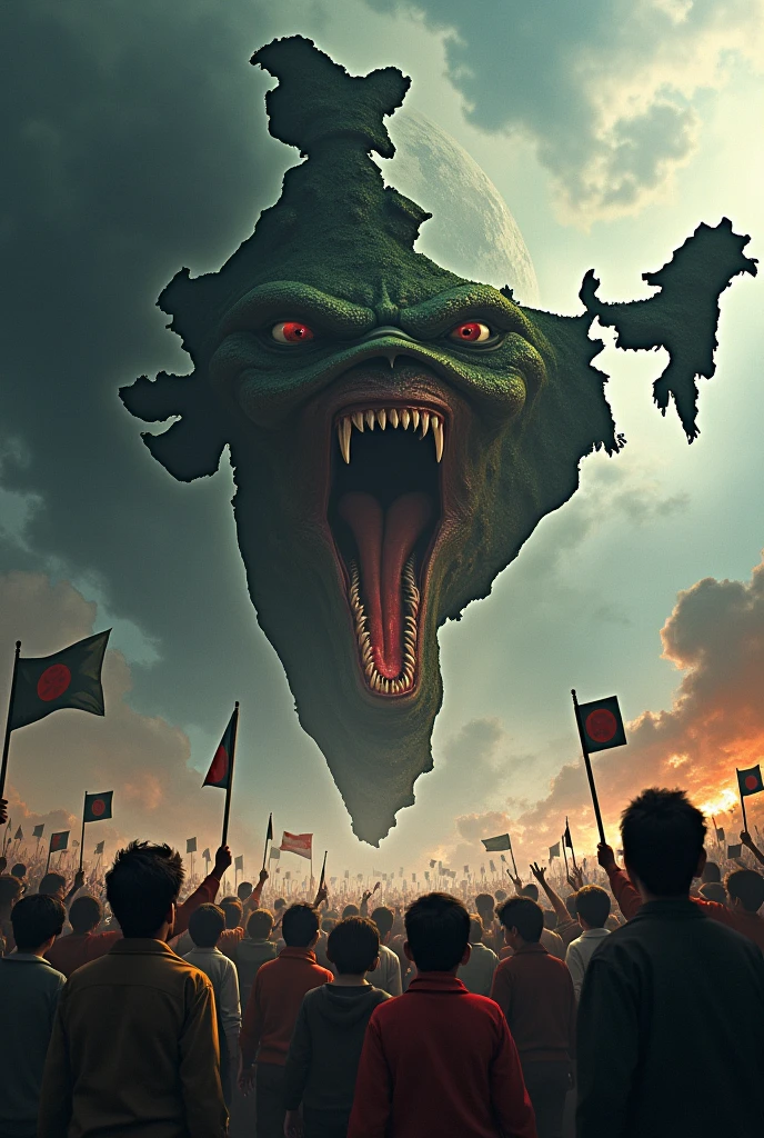 Create an image depicting the map of India as a monstrous creature with a fierce expression, reaching out to devour the map of Bangladesh. In response, show the people of Bangladesh, represented as a determined crowd, actively protesting against the Indian map-monster. They could be holding signs, waving flags, and standing in defiance to protect their map. The scene should be dramatic, capturing the intensity of the conflict and the resilience of the Bangladeshi people.