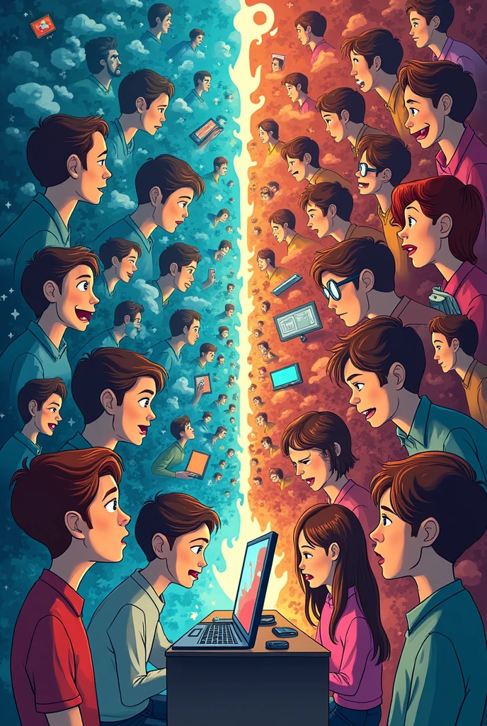 think before you click poster, include many gadgets and applications, include people that shows how to properly use internet and people that don't, show their miserable lives, also, include person with bad intentions, show how people will be ruined just because of improper use of the internet, include the text "THINK BEFORE YOU CLICK" make it cartoon type, show emotions and feelings, show the face of bad people and their victims, show what is the negative effect of the actions of the suspect, show the victim being miserable or crying, show how internet are so wide and that it can ruin you