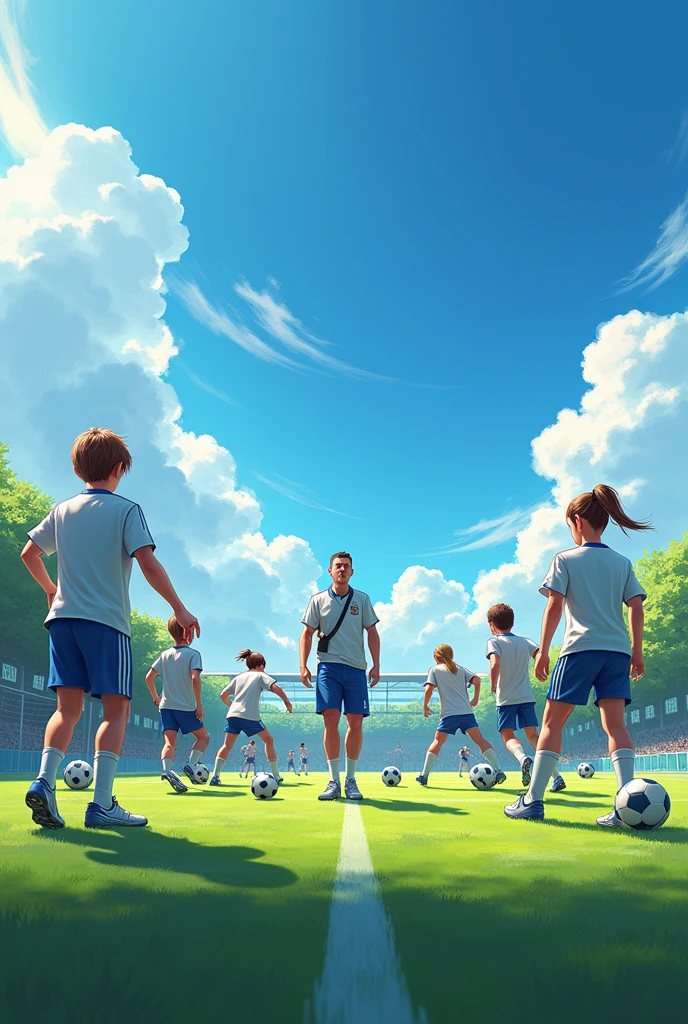 A group of soccer players during a training session on a sunny day. They are doing various drills: some are practicing passing, others are doing push-ups, and a few are sprinting. The coach stands in the middle, holding a clipboard and whistle, giving instructions. The scene captures a mix of concentration, effort, and camaraderie.