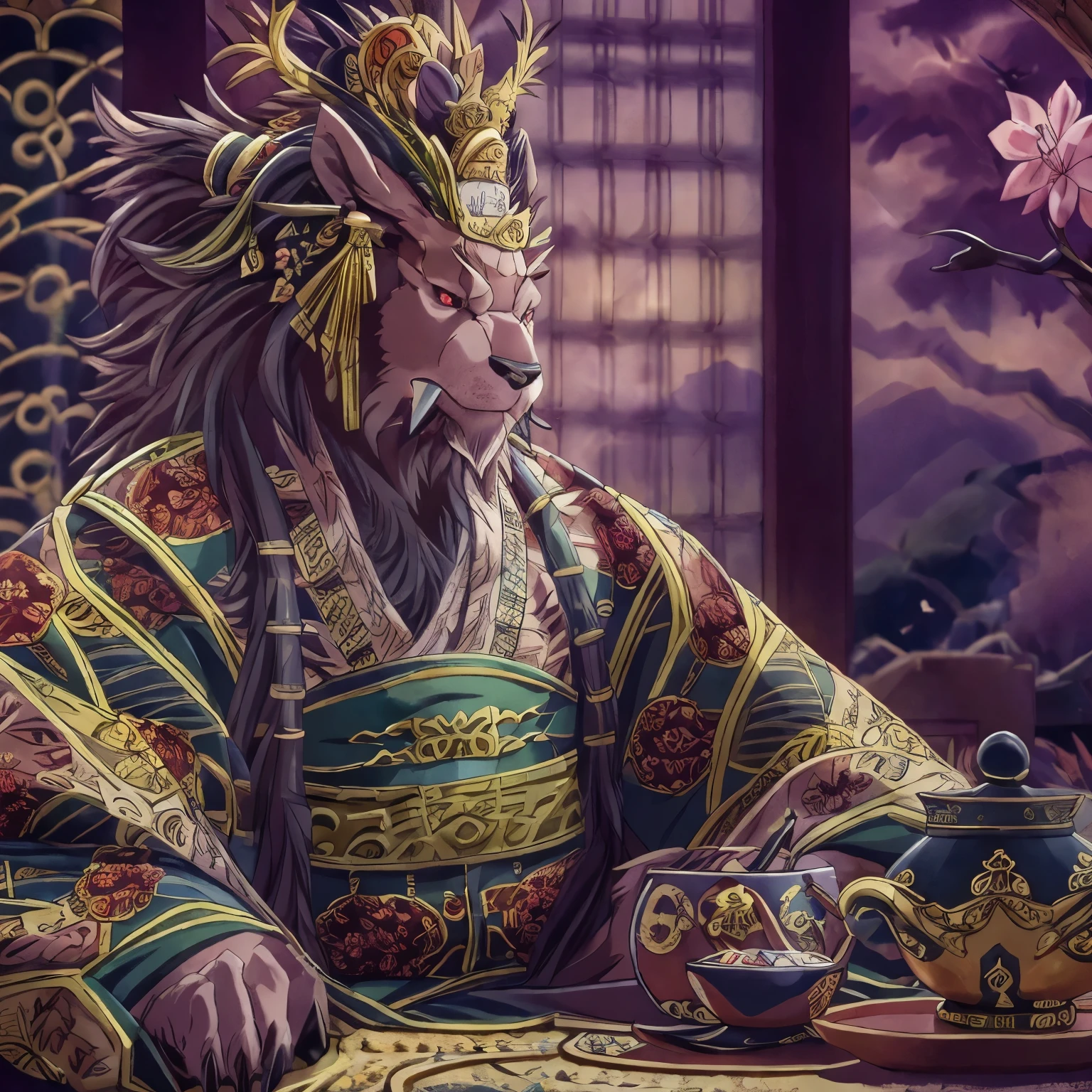 (Highest quality, 32K High Resolution:1.2, Very detailed, Realistic, photoRealistic, masterpiece,), Official Art, Full Body View, male, good looking, Majestic Beast, Dark sienna brown fur, Black Mane, Leonhard, Muscular body, Crimson Eyes, Serious look , Small ears, Curved black horns, Long upper jaw crab teeth