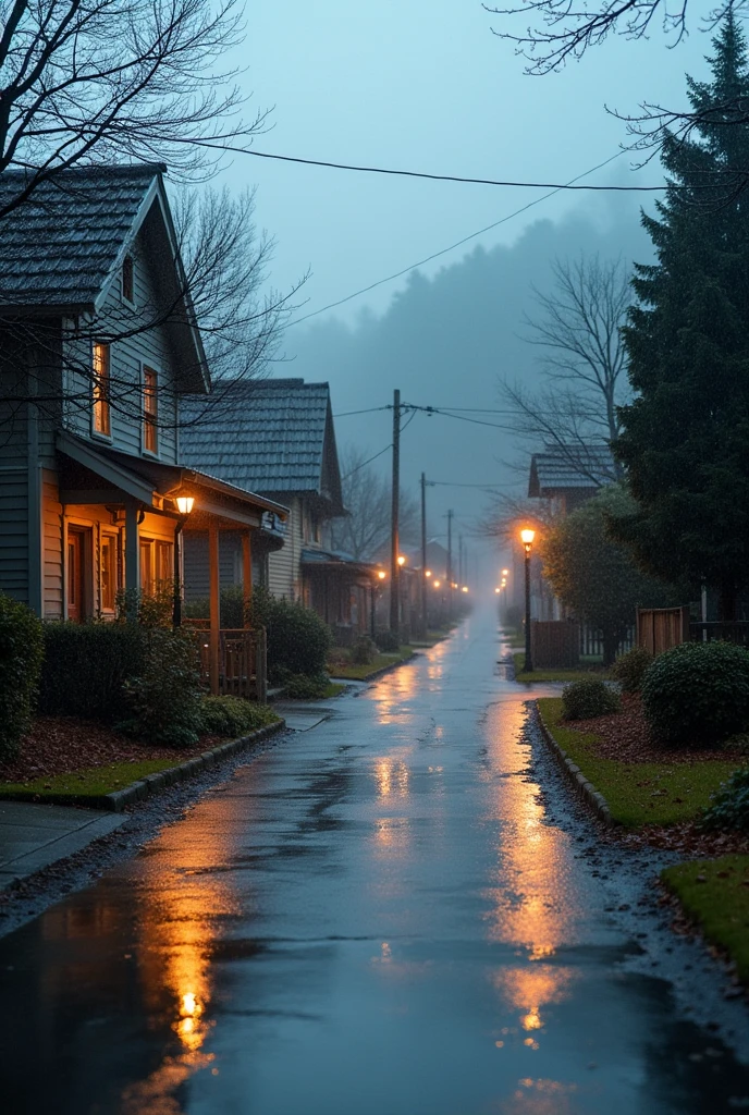 A street with houses during the rainy day