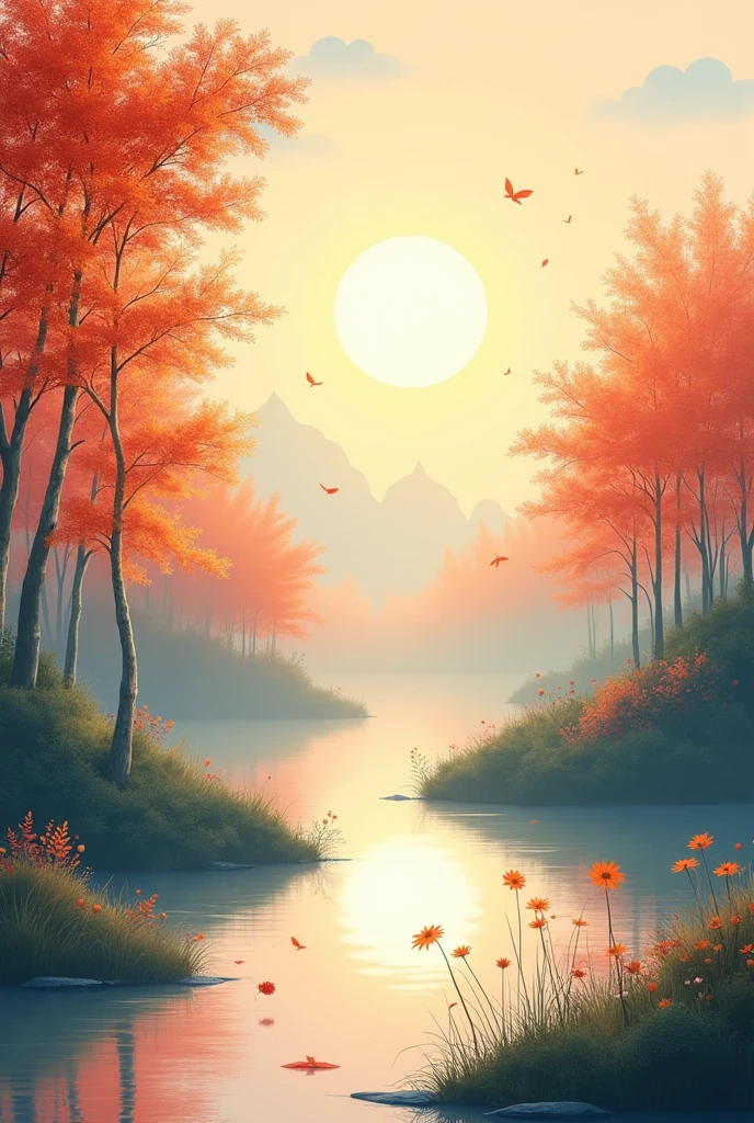 Generate round Mid-Autumn greeting cards, minimalist natural background, Monet minimalist style scenery, bright and transparent colors, real natural colors, realistic scenes, reality restoration, real restoration, realistic scenes, evening