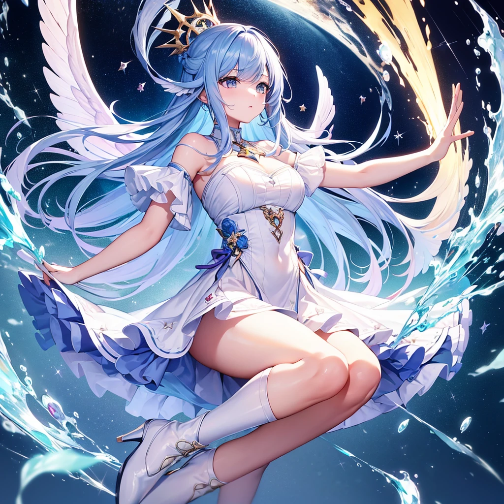 1girl,(((Highest quality、Masterpiece、Official Art、Award-winning works、Perfect Anatomy、Perfect human body、Super detailed、Fine lines of hair、The best dynamic composition)))、Anime Style、Star Fairy、It has transparent rainbow-colored wings growing on its back.、cute、White long boots、☆、Milky Way、universe、Meteors、Giant Star、Charm、Sparkling、