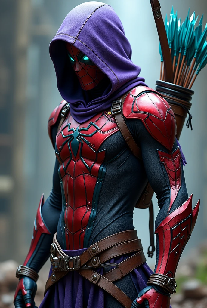 Create a spider man detailed character design of a dark fantasy archer. The character wears an intricately crafted suit of armor with metallic purple and red tones, accentuated by teal highlights. The armor is form-fitting with sharp, angular designs, and includes a hood that covers part of the character's face. The archer has a quiver of arrows on their back, with arrowheads that match the color scheme of the armor. The armor also features elaborate patterns and engravings that suggest a mystical or arcane origin, with leather straps and belts holding various small pouches and daggers. The overall look is sleek, powerful, and menacing, combining both elegance and danger."