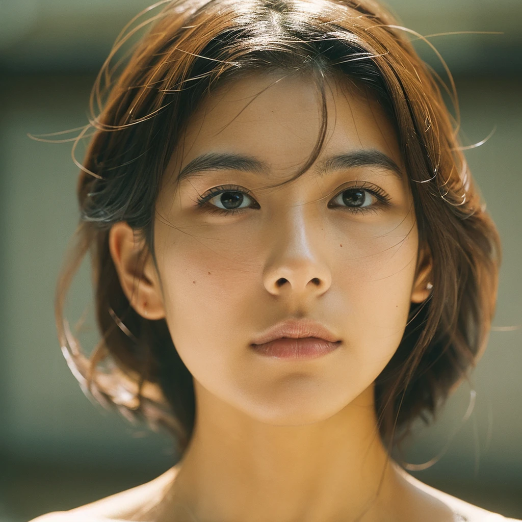 A hyper-realistic image of a single Japanese woman in her early 20s, captured with the nostalgic warmth and subtle graininess of a film camera. Her skin has a warm beige tone with a natural, slightly rough texture that includes visible pores, fine lines, and subtle imperfections such as small blemishes, adding to the authenticity of her appearance. The soft, diffused natural light enhances the film-like quality, casting gentle shadows that create a timeless, organic feel. Her straight, glossy black hair frames her face in a natural, slightly tousled manner, and her deep brown eyes reflect the ambient light, adding depth and emotion. The film camera effect introduces a slight grain and a softer focus, giving the image a warm, nostalgic atmosphere while maintaining the realistic texture of her skin. She is dressed simply, in a way that complements her natural beauty, with the overall composition designed to evoke a sense of genuine, understated elegance. The use of natural light, combined with the deliberately rougher texture of her skin and the film-like qualities, ensures that this image captures the imperfections that make her beauty truly lifelike, focusing solely on this one individual.